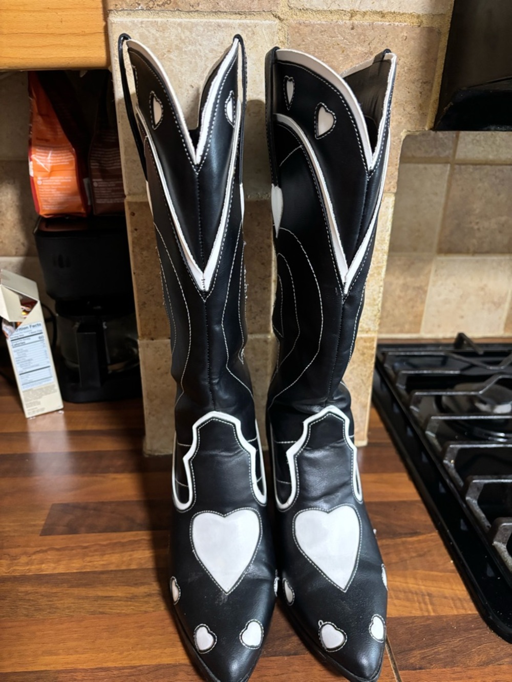 YRU Black and White Heart Accent Cowboy Boots